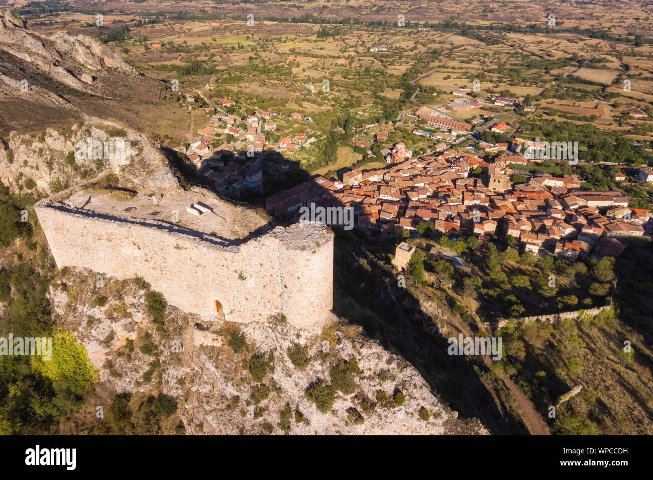 Aerial view of ancient ruins of Poza de la Sal castle in Burgos, Castile and Leon, Spain . Stock Photo