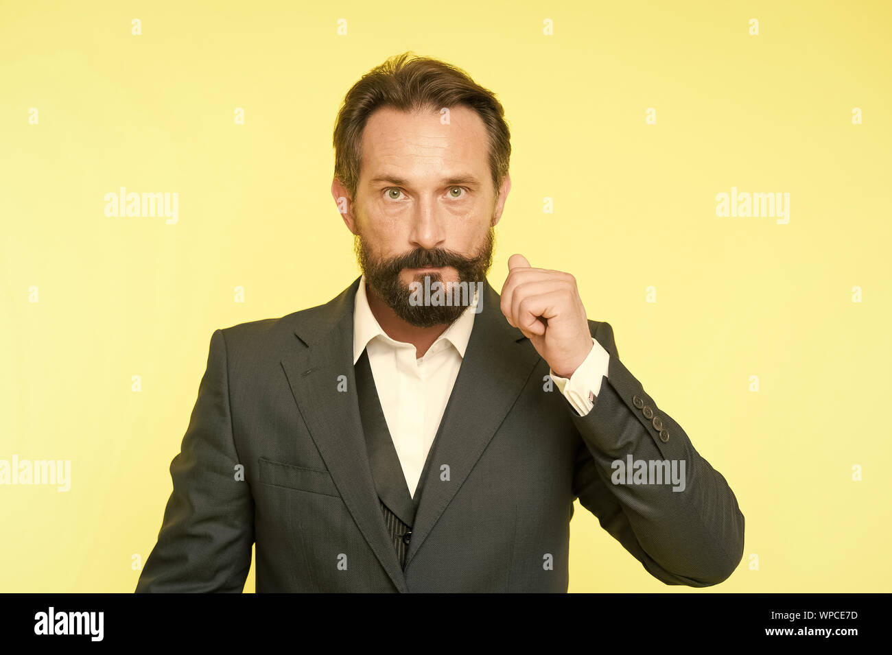 Bearded Man Male Formal Fashion Confident Businessman In Suit Businessman Business Fashion And Dress Code Brutal Man With Hipster Beard Mature Check Out My Profit This Month Stock Photo Alamy