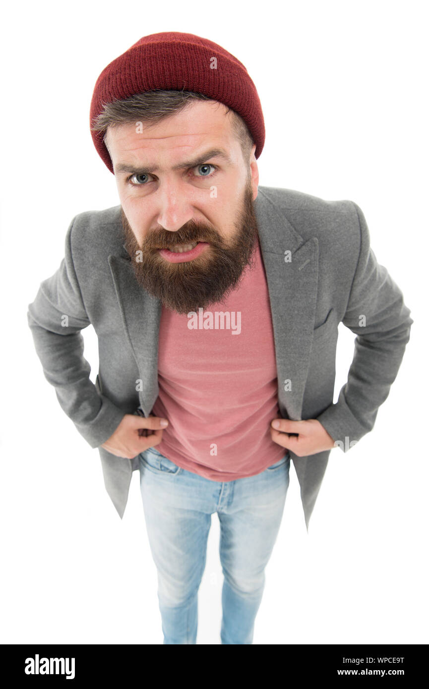 What did you say. Bearded hipster brutal person. Bully hipster. School of  good manners. Tips and tricks handsome man. Arrogant rude hipster man.  Bearded and handsome. Self improvement concept Stock Photo -