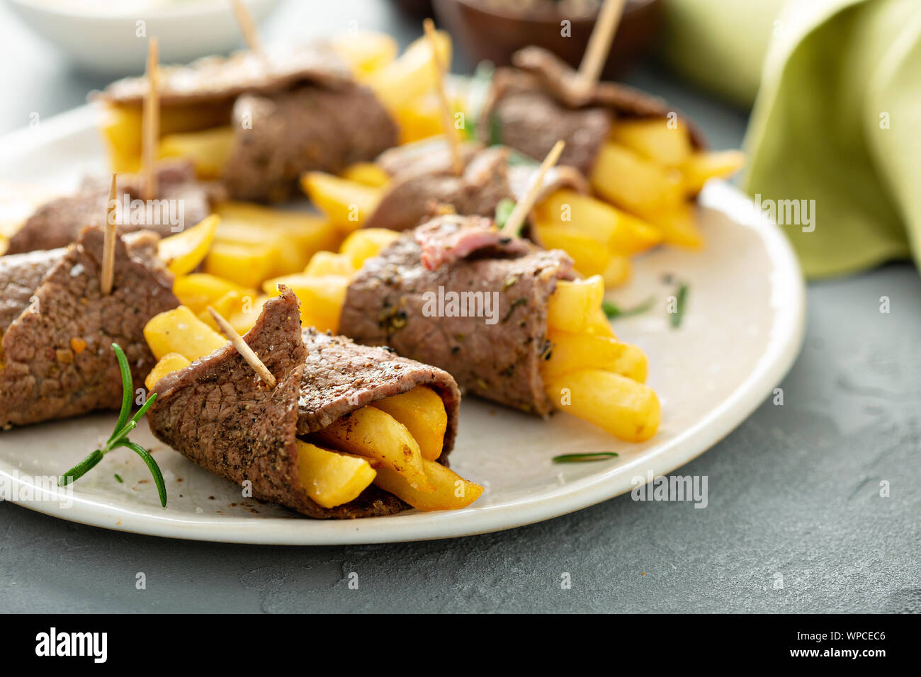 Roast beef french fries rolls Stock Photo Alamy