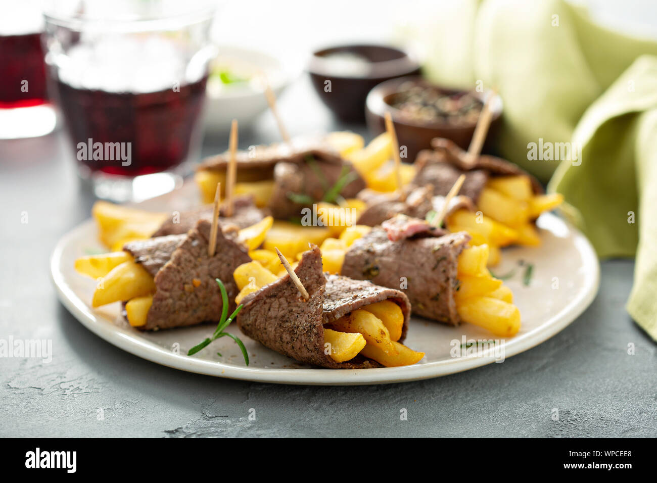 Roast beef french fries rolls Stock Photo Alamy