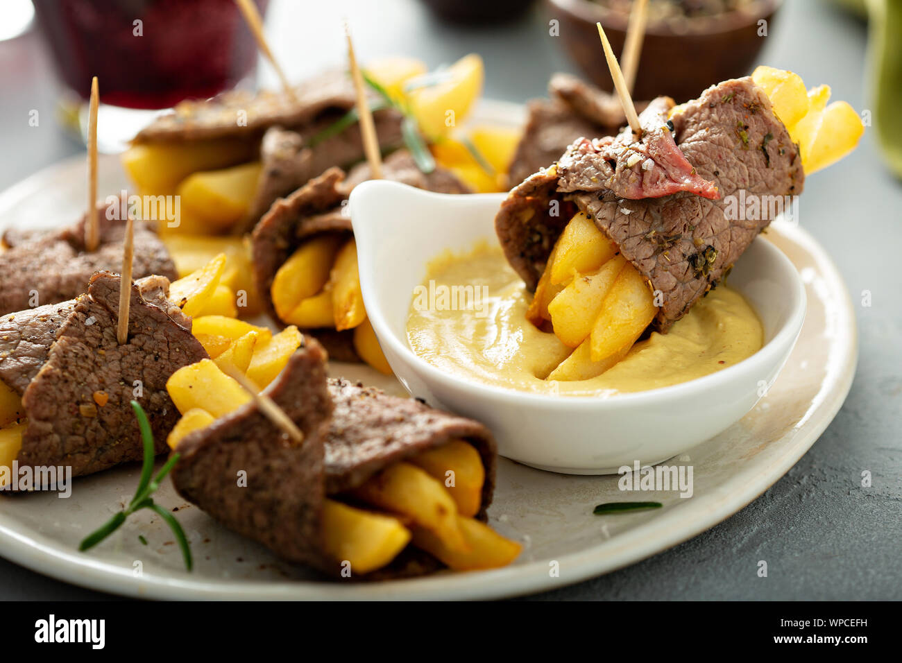 Roast beef french fries rolls Stock Photo Alamy