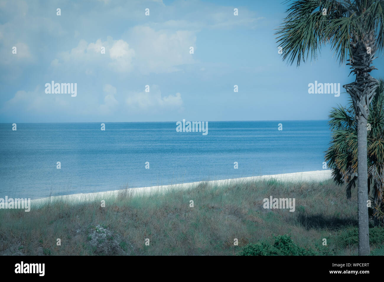 A calming view of a tranquil Bay with empty white sand beach with