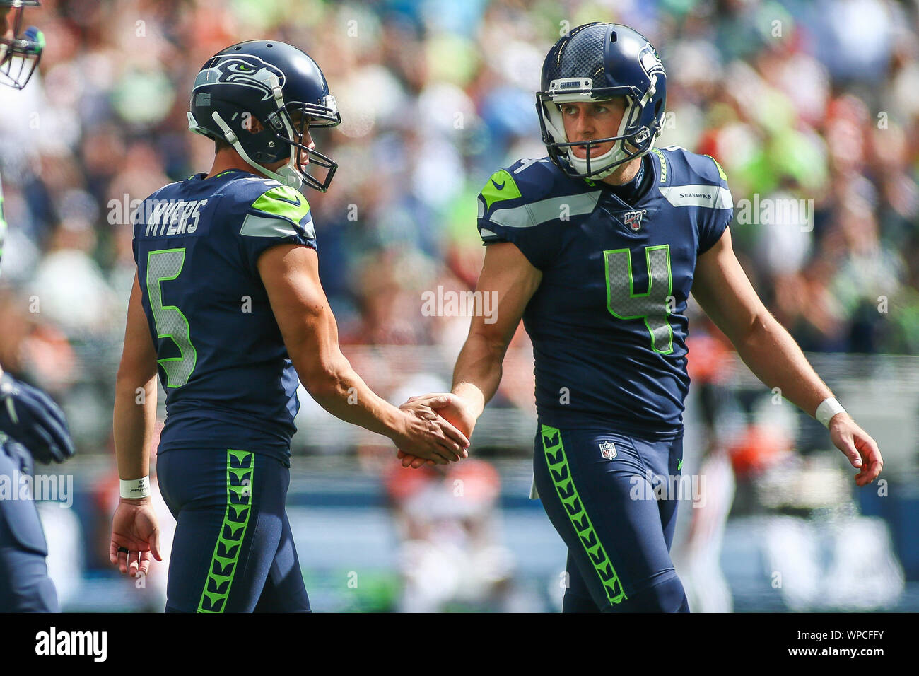 Seattle, WA, USA. 8th Sep, 2019. Seattle Seahawks punter Michael Dickson (4) and Seattle Seahawks kicker Jason Myers (5) high five after a made PAT during a game between the Cincinnati Bengals and Seattle Seahawks at CenturyLink Field in Seattle, WA. The Seahawks won 21-20. Sean Brown/CSM/Alamy Live News Stock Photo