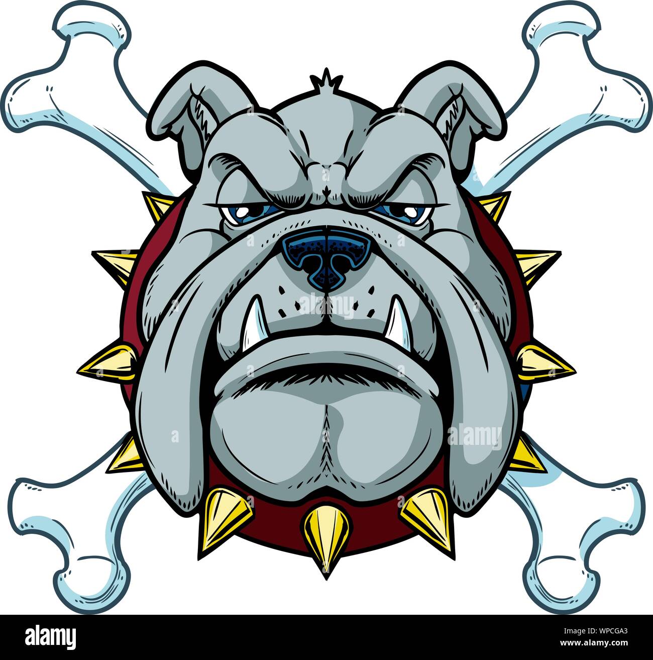 Vector cartoon clip art illustration of a tough mean cartoon bulldog mascot head with crossbones with a spiked collar in separate layers. Stock Vector