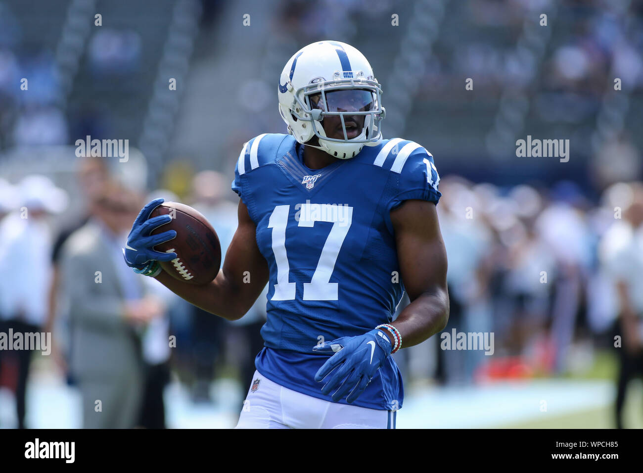 Carson, CA. 8th Sep, 2019. Indianapolis Colts wide receiver Devin Funchess #17 during the NFL Indianapolis Colts vs Los Angeles Chargers at the Dignity Health Sports Park in Carson, Ca on September 8, 2019 (Photo by Jevone Moore) Credit: csm/Alamy Live News Stock Photo