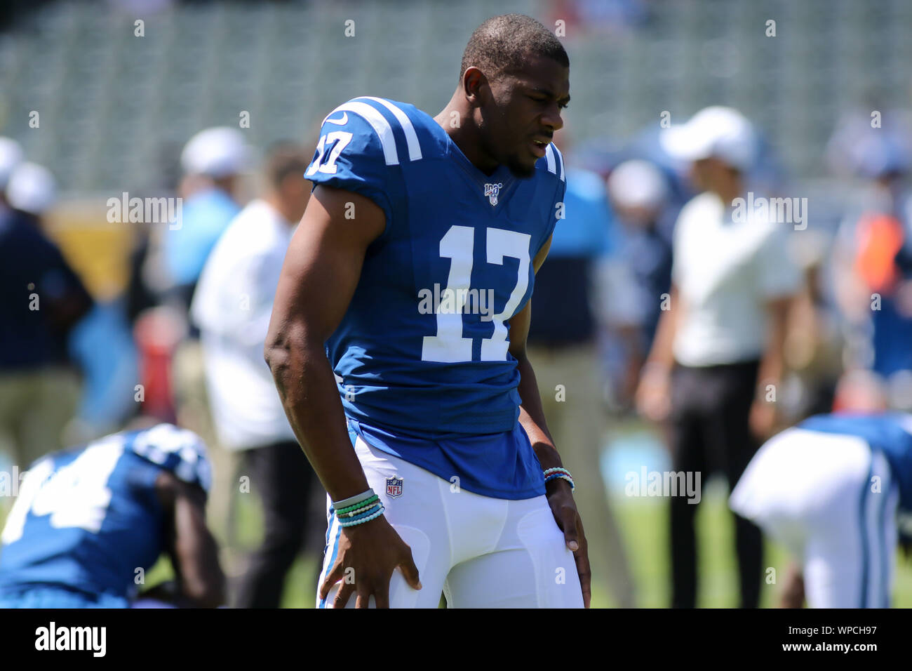 Carson, CA. 8th Sep, 2019. Indianapolis Colts wide receiver Devin Funchess #17 during the NFL Indianapolis Colts vs Los Angeles Chargers at the Dignity Health Sports Park in Carson, Ca on September 8, 2019 (Photo by Jevone Moore) Credit: csm/Alamy Live News Stock Photo