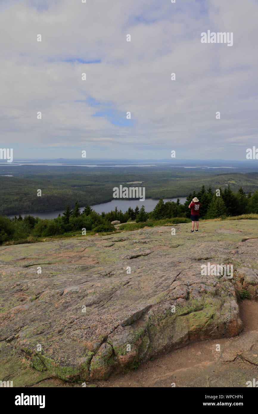 The view of Frenchman's Bay and Bar Harbor from the top of Cadillac Mountain.Acadia National Park.Mount Desert.Maine.USA Stock Photo