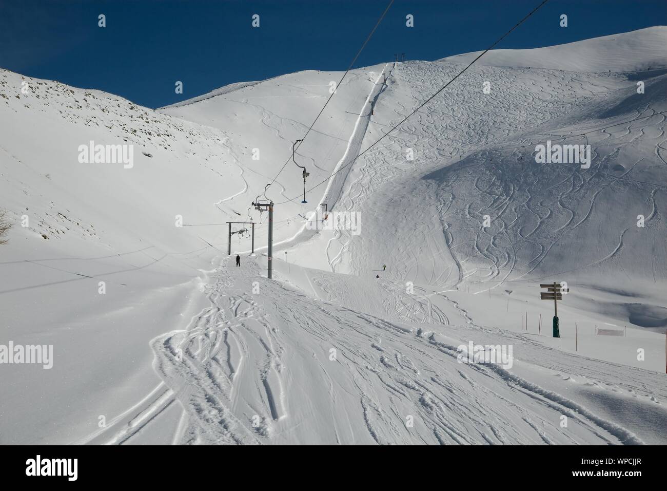 Skiing slopes sunny weather Stock Photo