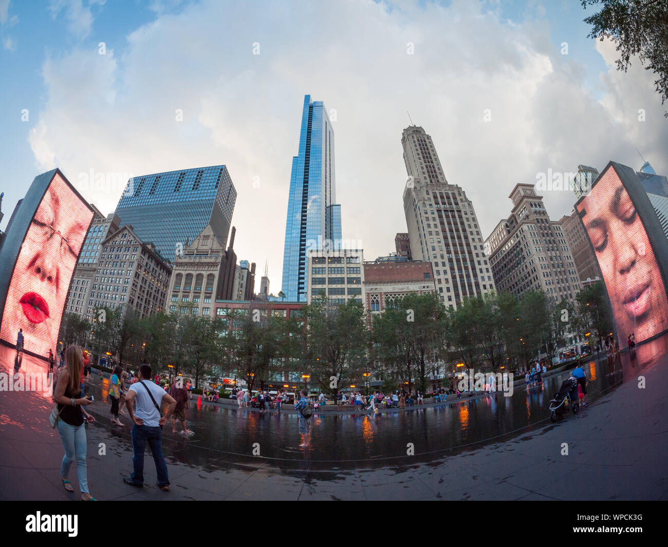 A wide angle, fisheye view of Jaume Plensa's popular Crown Fountain work of public art in Millennium Park, Chicago, Illinois. Stock Photo