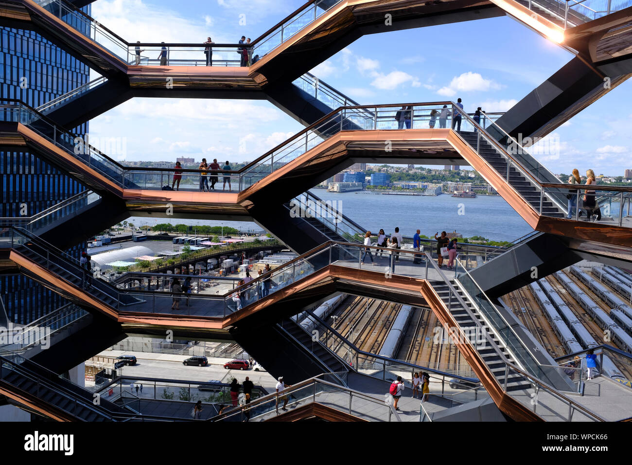 View from the Vessel in Hudson Yards with the Railroad Yards and New Jersey in the distance Stock Photo
