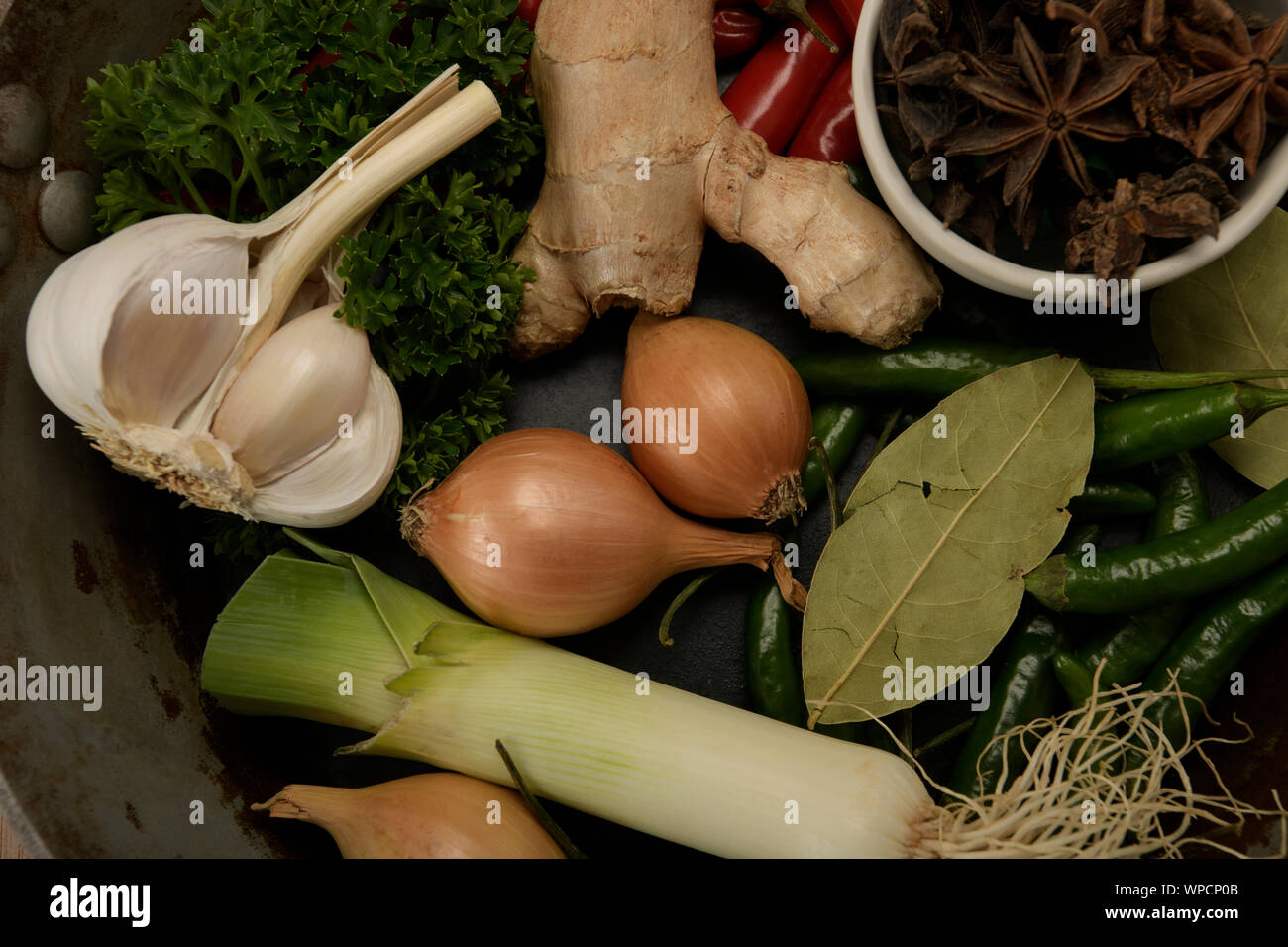 Close up, group of objects, food preparation, cooking ingredients in pan, background, illustration, tasty, flavour Stock Photo