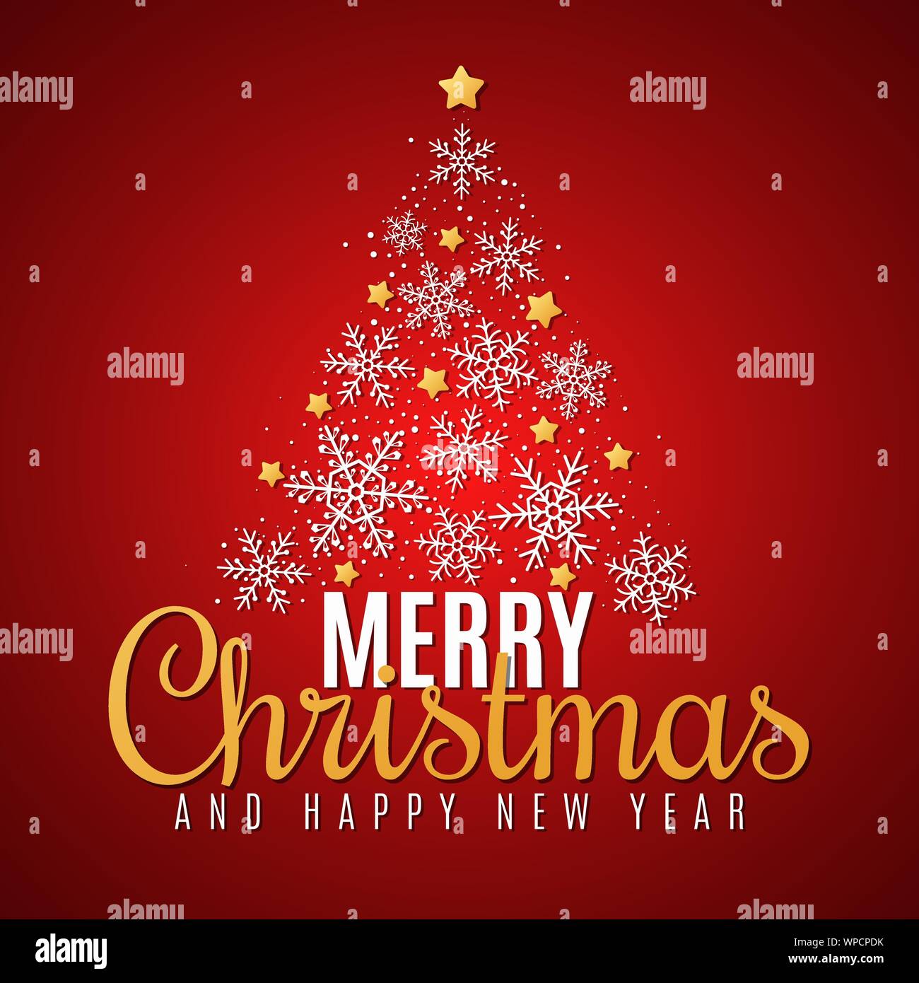 Christmas tree of snowflakes and golden stars. Festive gift card. Happy ...