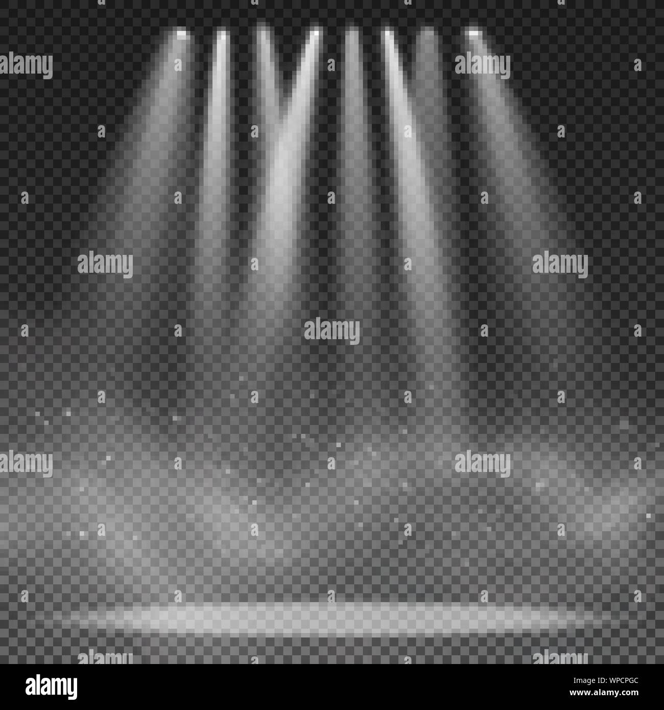 Spotlights isolated on transparent background. Floodlight for show. Light effect. Smoke with glowing particles. Vector illustration. EPS 10 Stock Vector