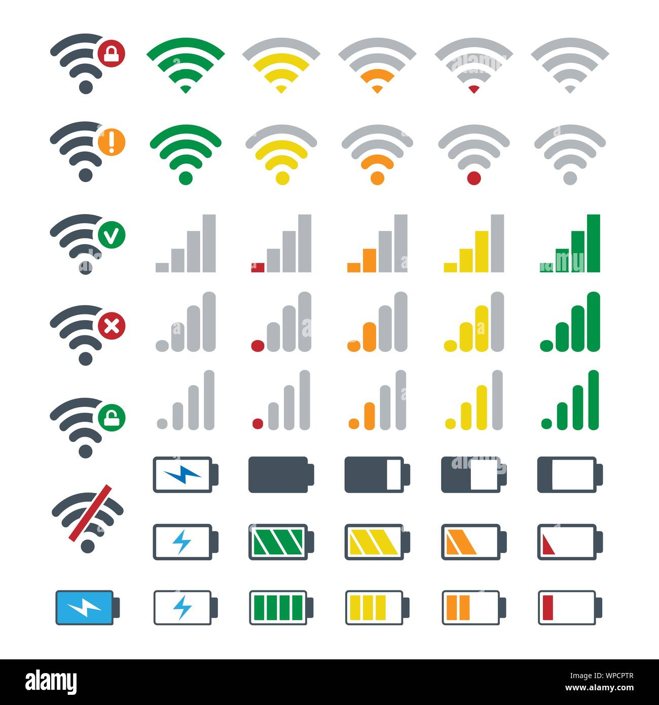Phone gadgets battery and signal symbols. Mobile network, batterie