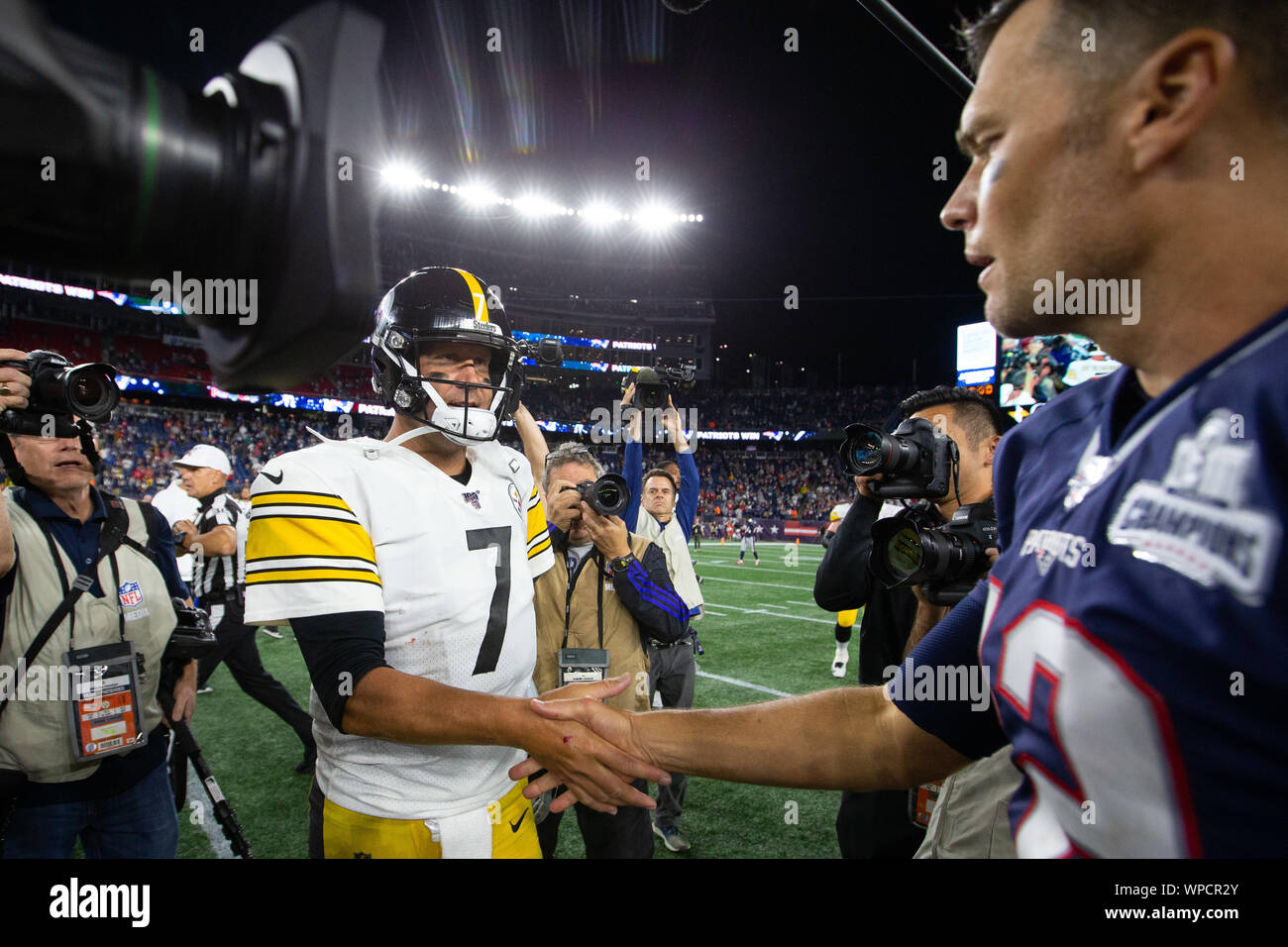 Foxborough, Massachusetts, USA. 08th Sep, 2019. New England Patriots quarterback Tom Brady (12) shakes hands with Pittsburgh Steelers quarterback Ben Roethlisberger (7) after the Patriots defeated the Steelers 33-3 at Gillette Stadium in Foxborough, Massachusetts on Sunday, September 8, 2019. Photo by Matthew Healey/UPI Credit: UPI/Alamy Live News Stock Photo