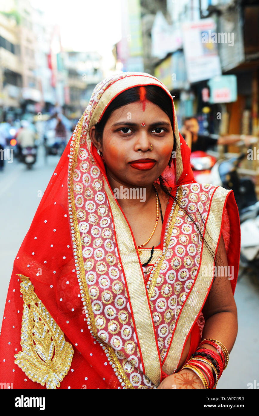 Portrait of an Indian woman wearing a colorful traditional Sari. Stock Photo