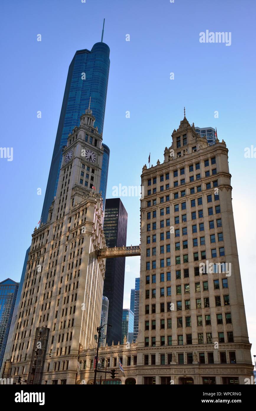 Chicago, Illinois, USA. The local landmark Wrigley Building with a sky ...