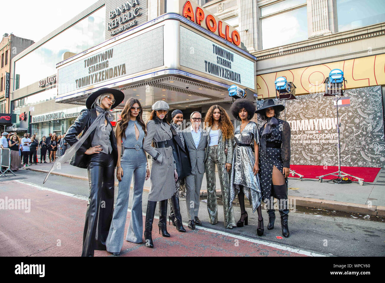 New York, New York, USA. 8th Sep, 2019. Model Winnie Harlow, Halima Aden,  Designer Tommy Hilfiger and Actress Zendaya during New York Fashion Week  fashion show at Apollo Theater in New York