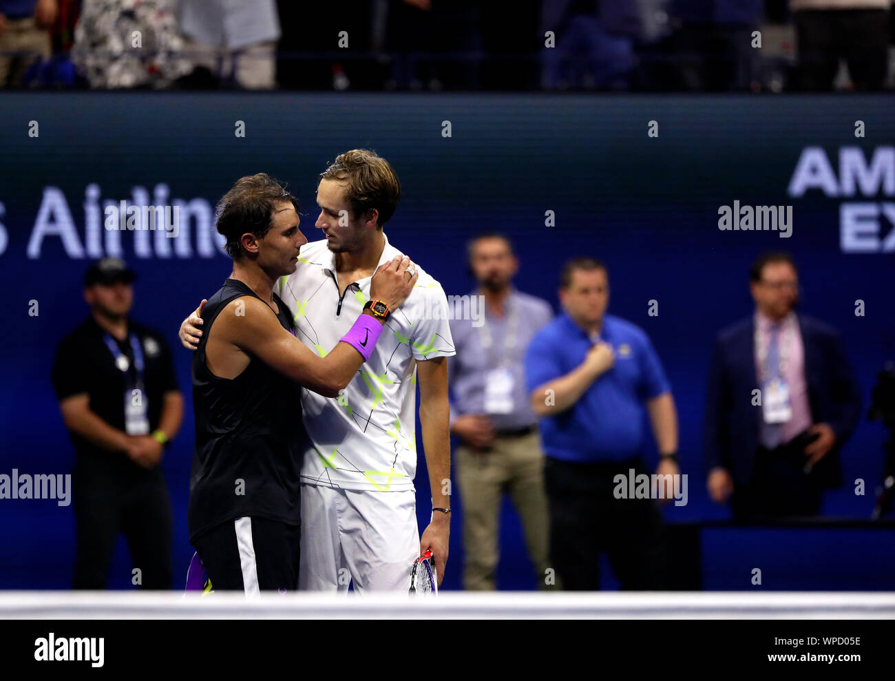 New York, United States. 08th Sep, 2019. Flushing Meadows, New York, United States - September 8, 2019. Rafael Nadal of Spain and Daniil Medvedev embrace after Nadal defeated Medvedev five sets in the men's final to win the US Open today. It was Nadal's fourth US Open title. Credit: Adam Stoltman/Alamy Live News Stock Photo