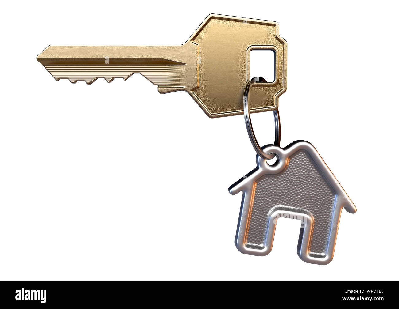 A brass key attached to a cast iron keyring in the shape of a house on an isolated white background - 3D render Stock Photo