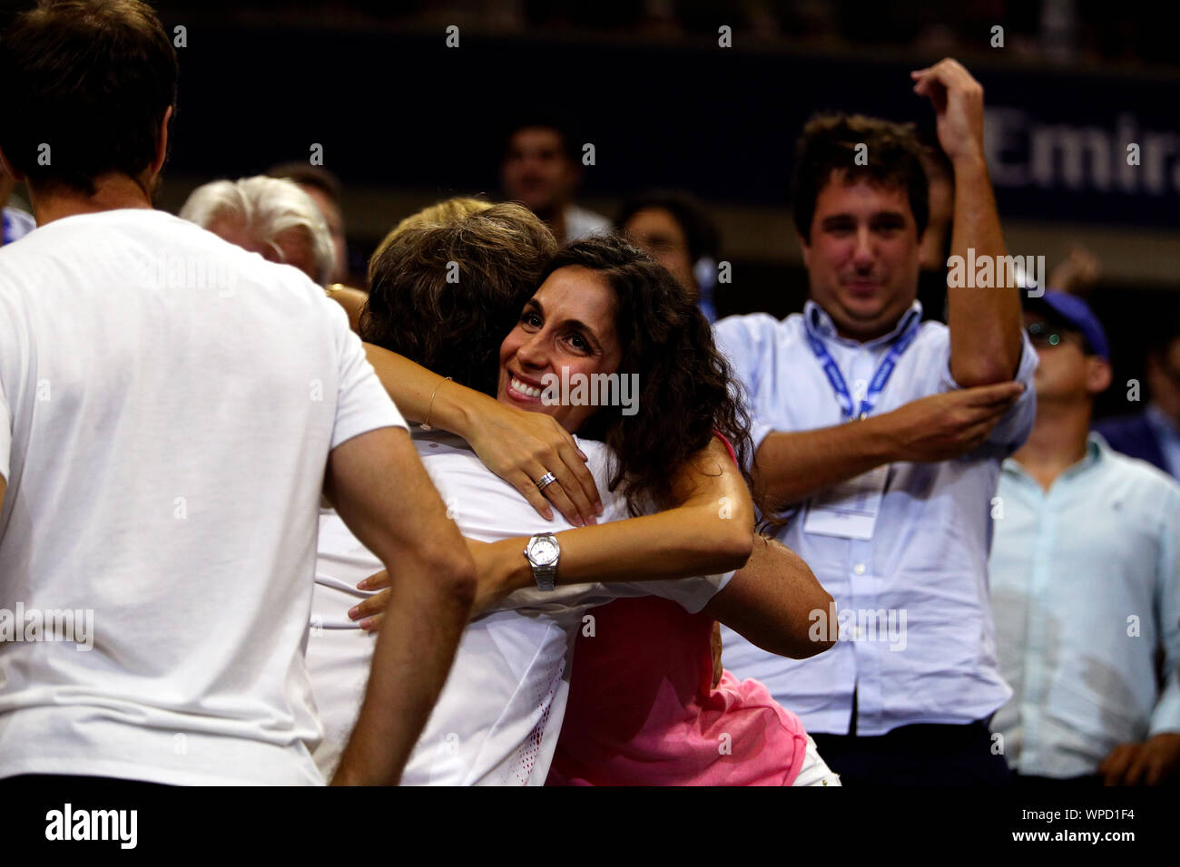 New York, United States. 08th Sep, 2019. Flushing Meadows, New York, United  States - September 8, 2019. Xisca Perello, Rafael Nadal's finance  celebrates with other members of their team after Nadal defeated