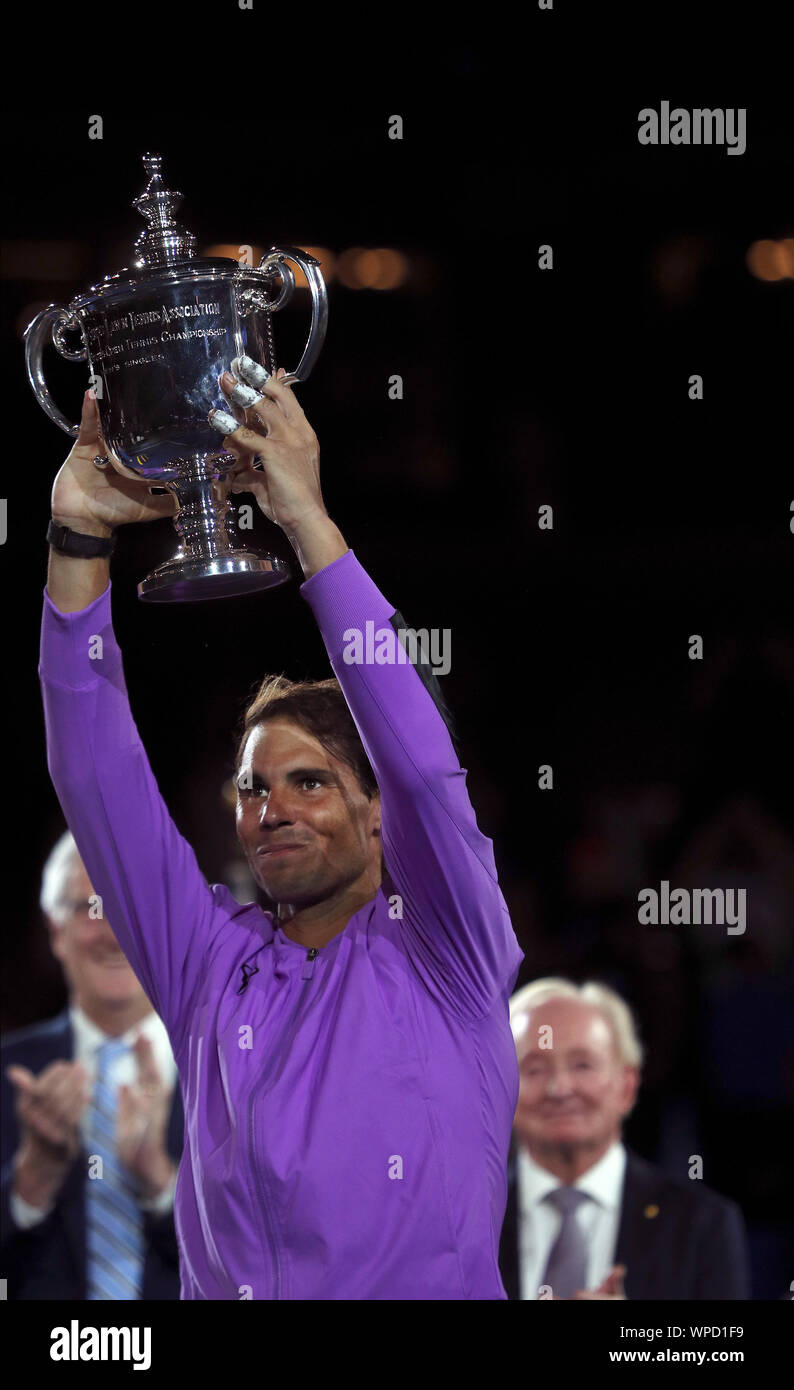New York, United States. 08th Sep, 2019. Flushing Meadows, New York, United States - September 8, 2019. Rafael Nadal of Spain holds the US Open trophy following his victory over Daniil Medvedev in the men's final today. Credit: Adam Stoltman/Alamy Live News Stock Photo
