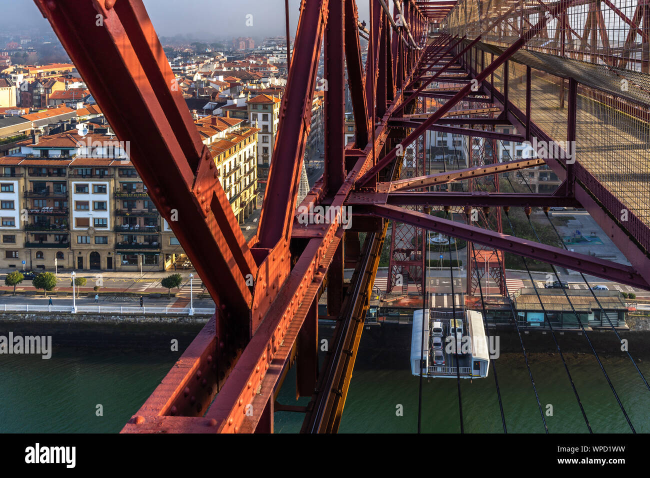 The gondola of Vizcaya Bridge carrying cars and passengers viewed form top, Portugalete, Basque Country, Spain Stock Photo
