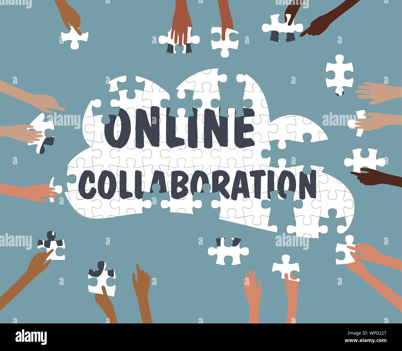 Team Collaboration concept with Hands online in the cloud jigsaw Stock Vector