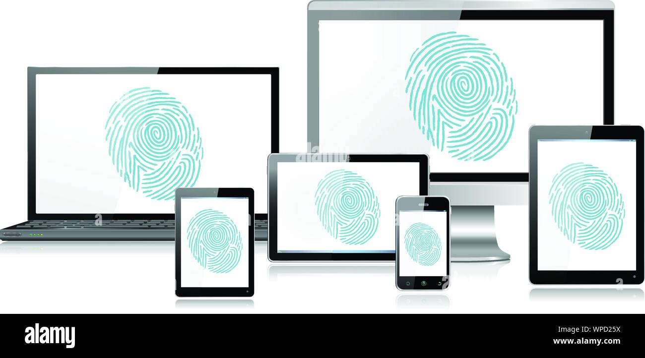 Realistic mobile and computer devices with laptop, monitor screen, tablet, mini tablet and smartphone showing Fingerprint Recognition Stock Vector