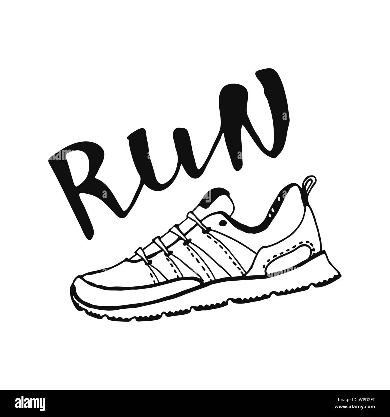 Run lettering with sport shoes. Running typography. Motivational poster for gym, phrase for t-shirt, print, banner, flyer, postcard. Vector illustration Stock Vector