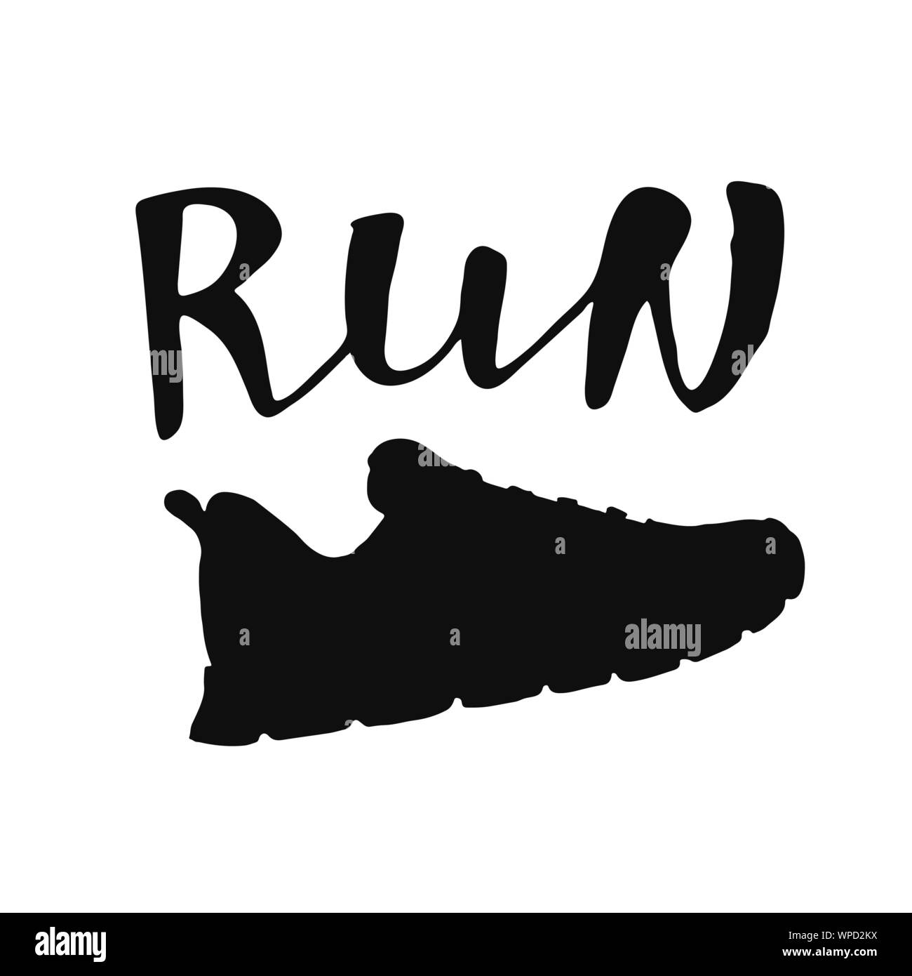 Running shoe silhouette with sport motivational lettering Run. Sport typography. Vector illustration Stock Vector