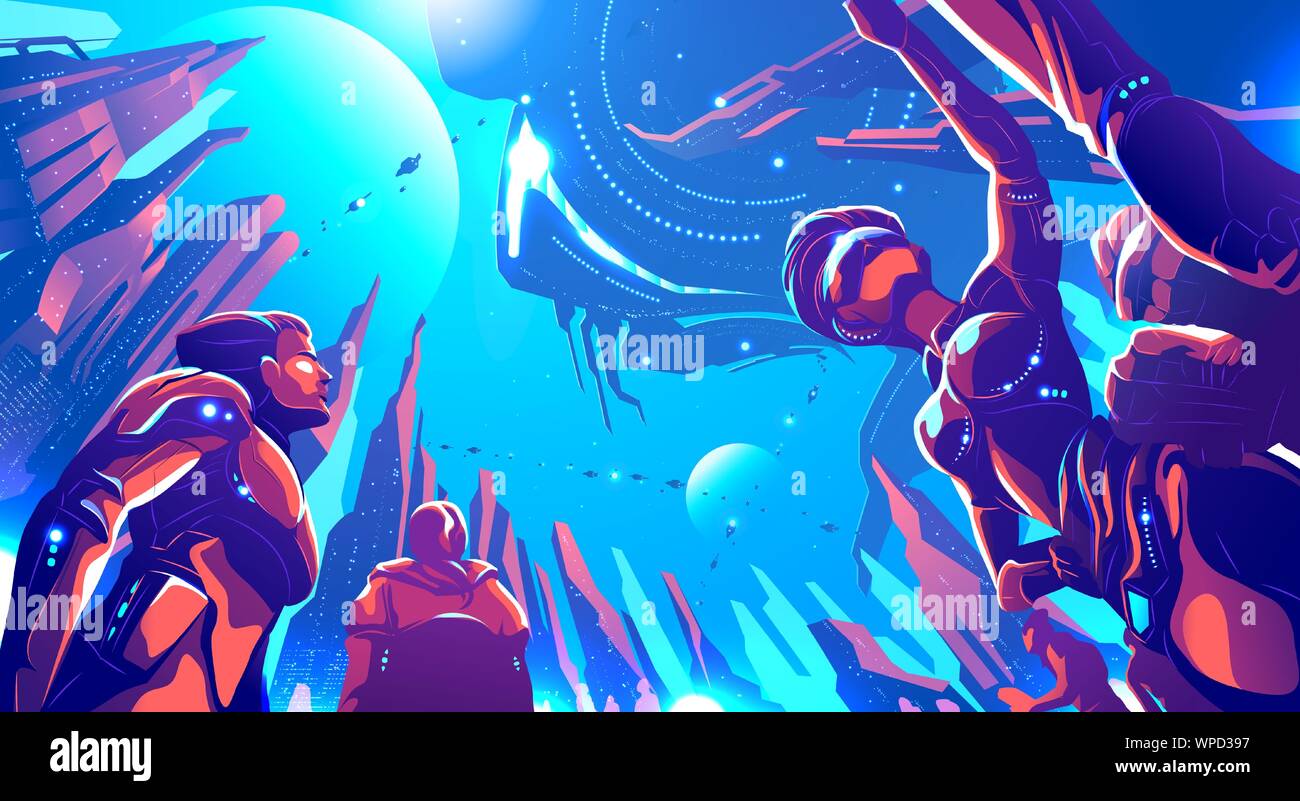 An illustration of sci-fi scene, astronaut fleet are exploring on a far-away planet in the universe. Spaceman mining or doing geological experimenting Stock Vector