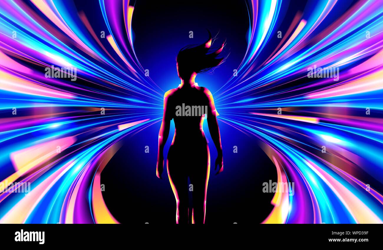 A futuristic illustration in vector of a girl walking through cyber world, in cyberpunk look. Stock Vector