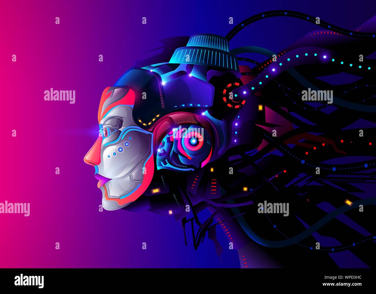 An ideal illustration of an female AI head in vivid gradient color Stock Vector