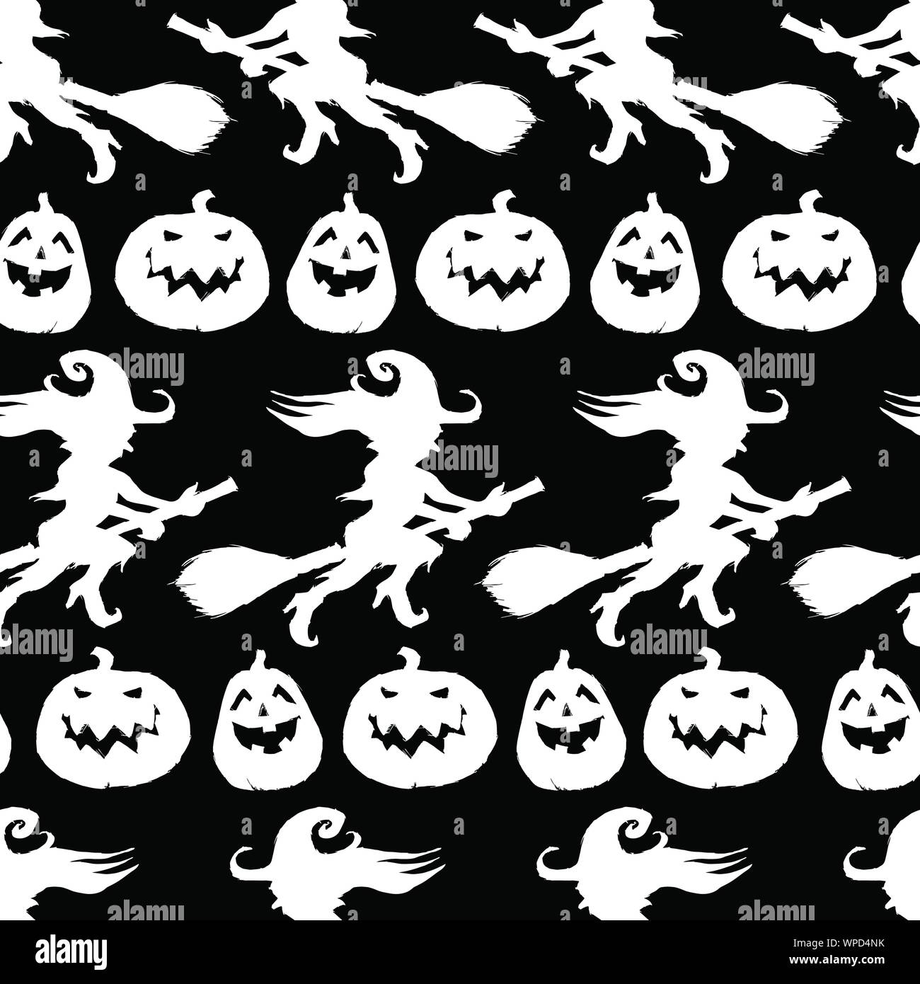Vector black and white hand drawn halloween repeat pattern. Suitable for invitation card, halloween party poster or gift wrap. Stock Vector