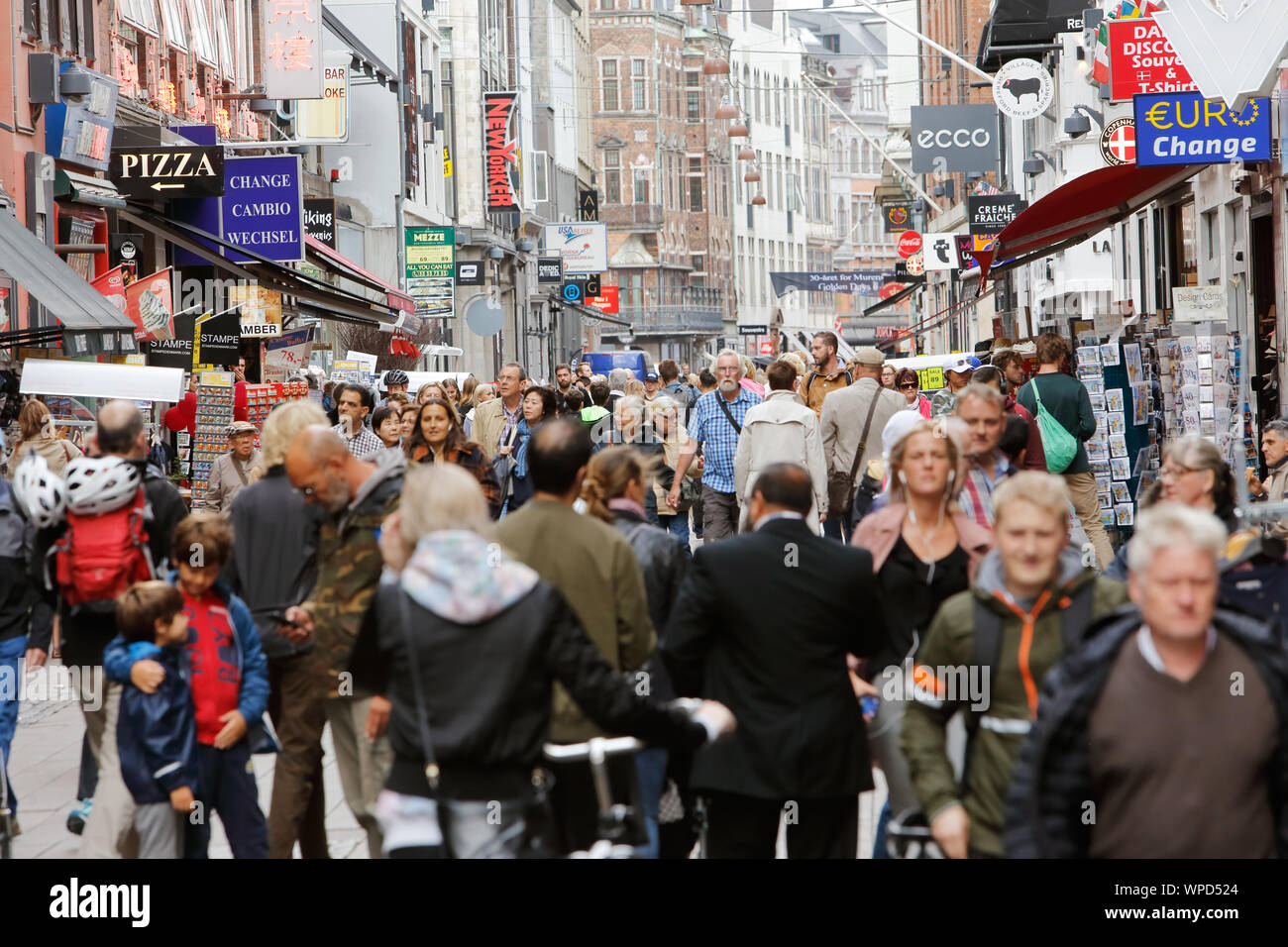 Copenhagen, Denmark - September 4, 2019. People walking the Strøget pedestrian street in downtown Copenhagen. Stock Photo