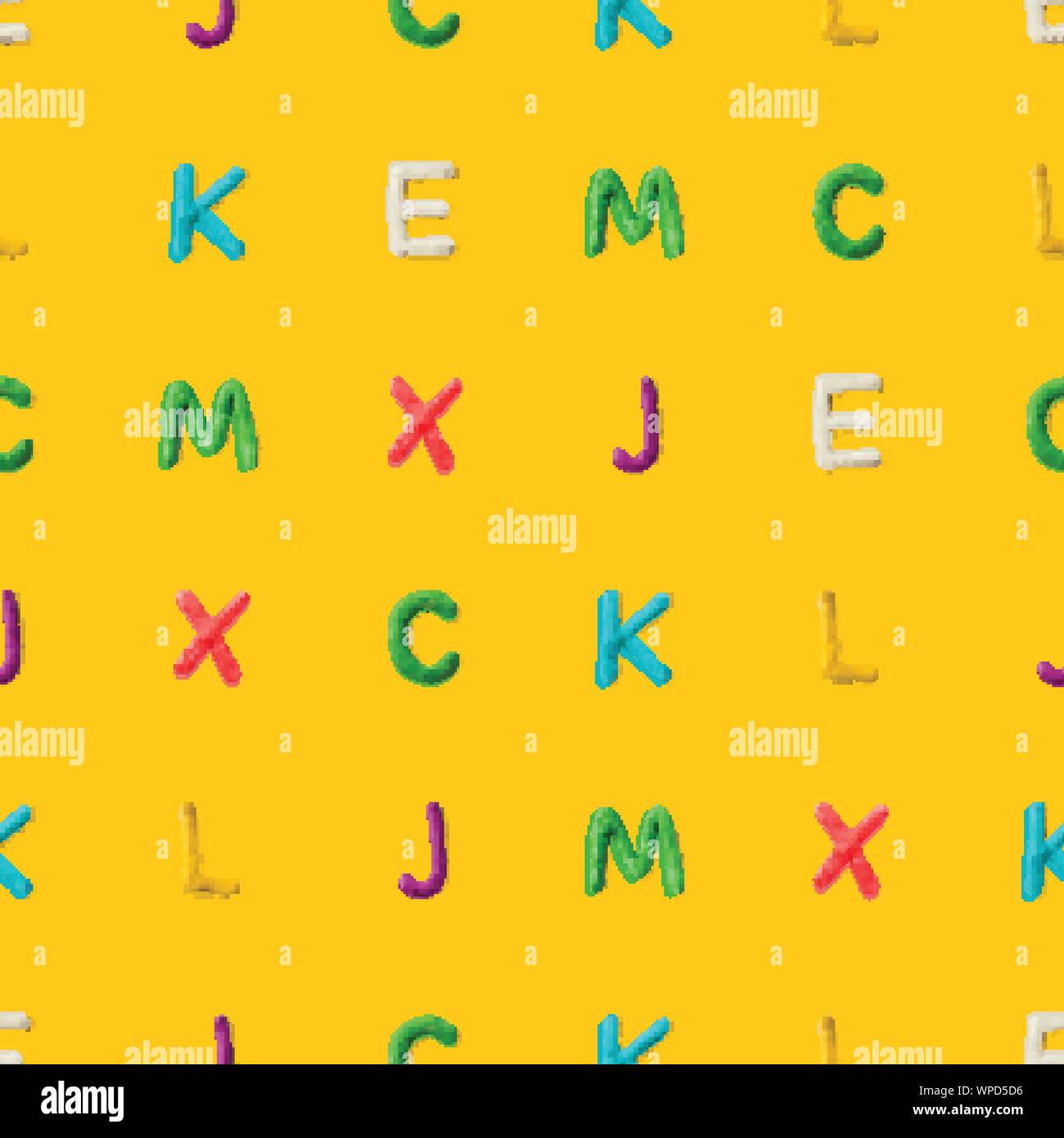 Seamless pattern with alphabet. Handmade modeling clay letters. Realistic 3d vector lettering background. Stock Vector