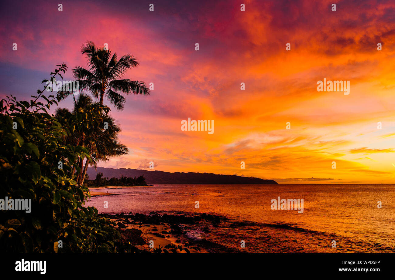 Sunset on the North Shore of Oahu Stock Photo