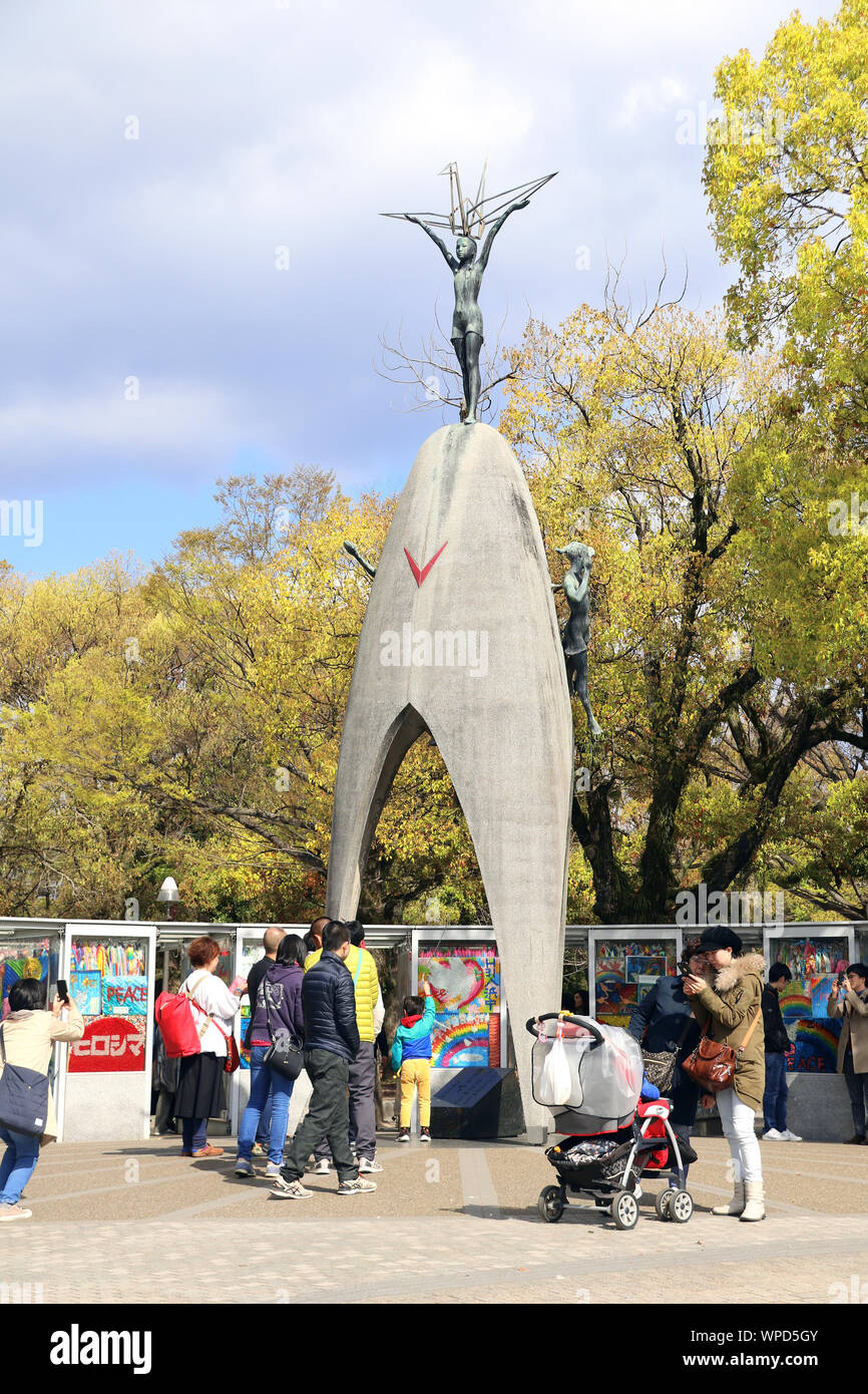 Hiroshima, Japan - April 01, 2019: Children's Peace Monument, to commemorate Sadako Sasaki and the children victims of the atomic bombing of Hiroshima Stock Photo