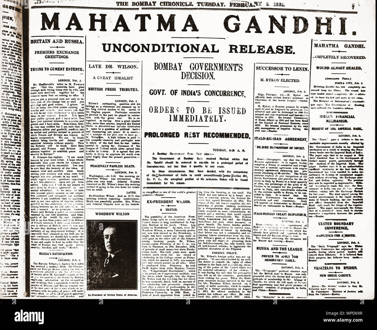 Mahatma Gandhi arrested, front page of The  newspaper, India, Asia, February 5, 1924 Stock Photo