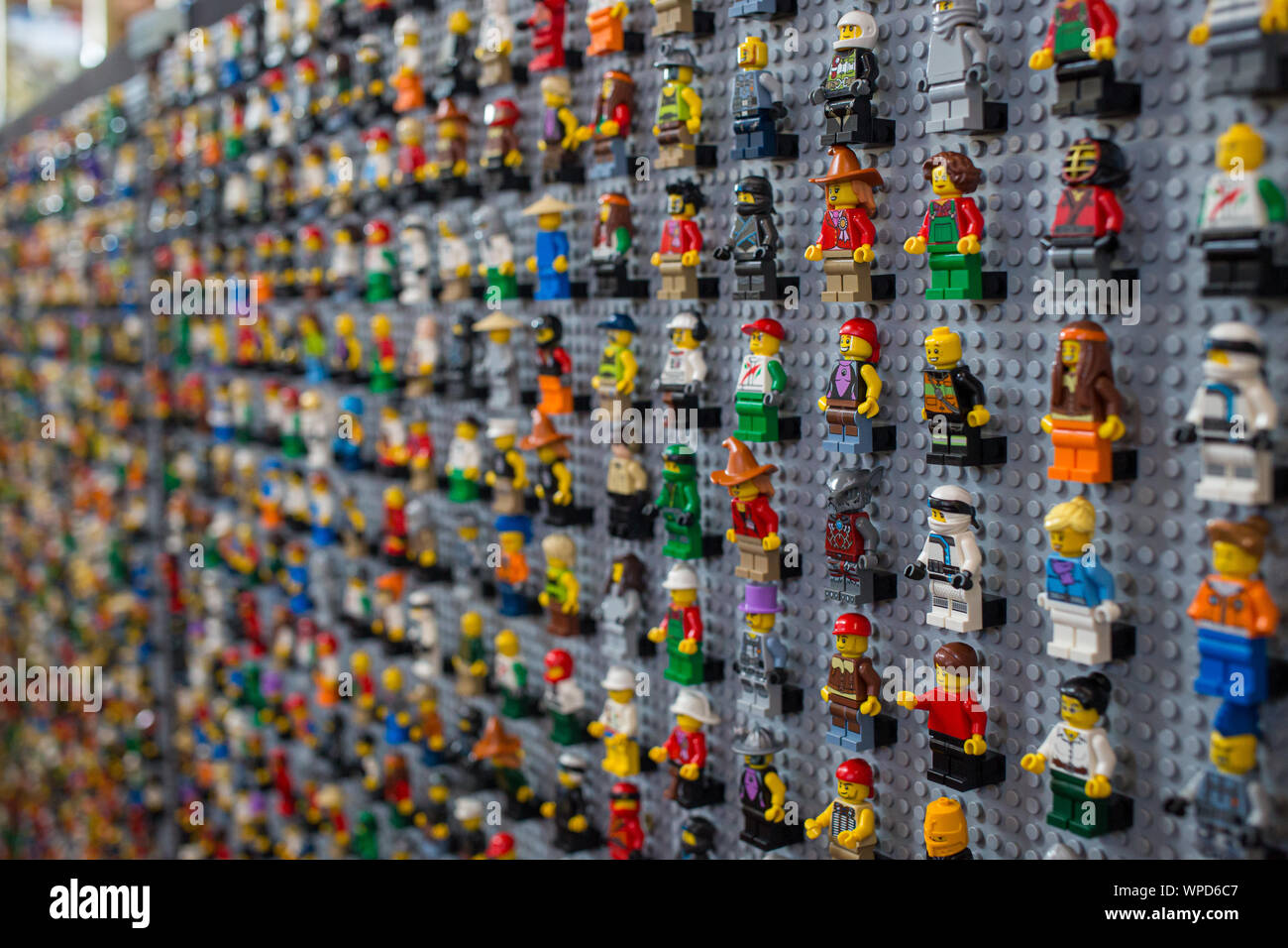 Lego minifigures on the swap wall at Brickvention, Melbourne 2019 Stock Photo