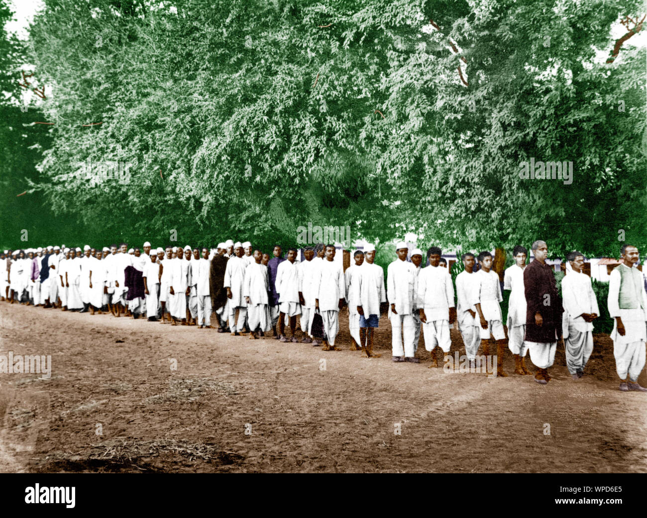 People in Khadi dress on first day of Salt Satyagraha, salt agitation, Gujarat, India, Asia, Indian, Asian, 12 March 1930, old vintage 1900s picture Stock Photo
