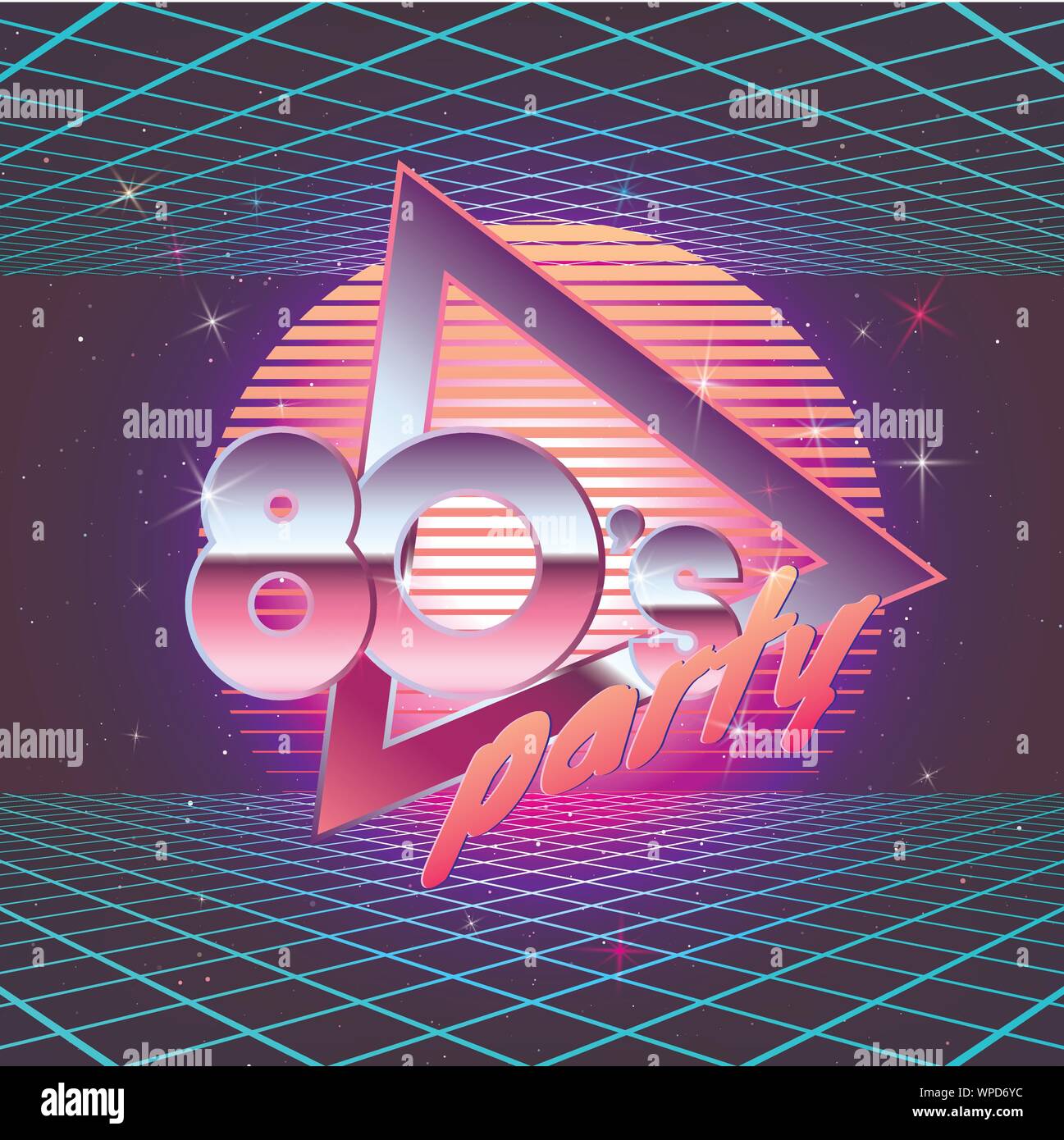 Paster template for retro party 80s with laser rays. Neon colors. Vintage electronic music flyer. Vector illustration Stock Vector