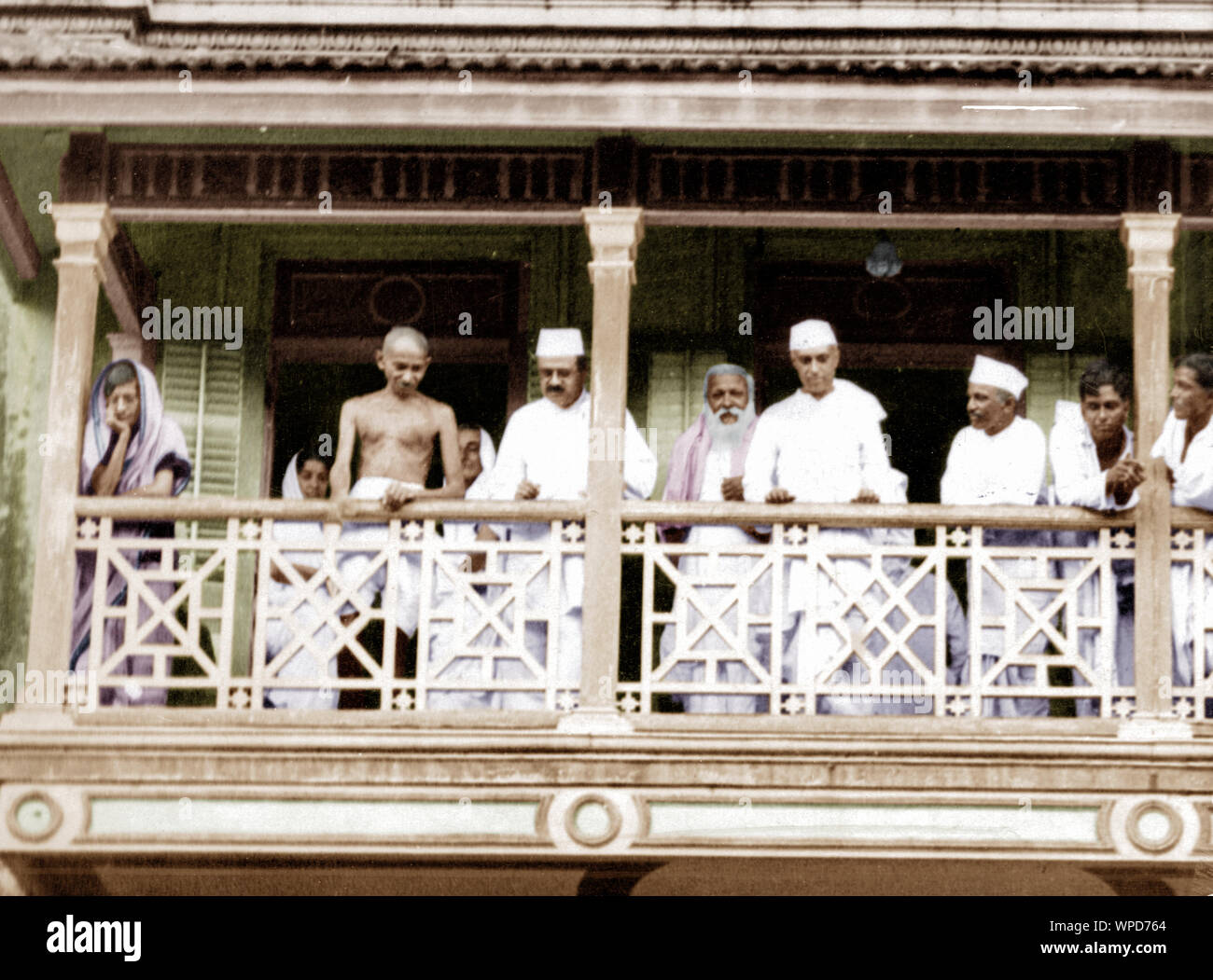 Mahatma Gandhi on balcony of Mani Bhavan, Mumbai, Maharashtra, India, Asia, January 27, 1931 Stock Photo