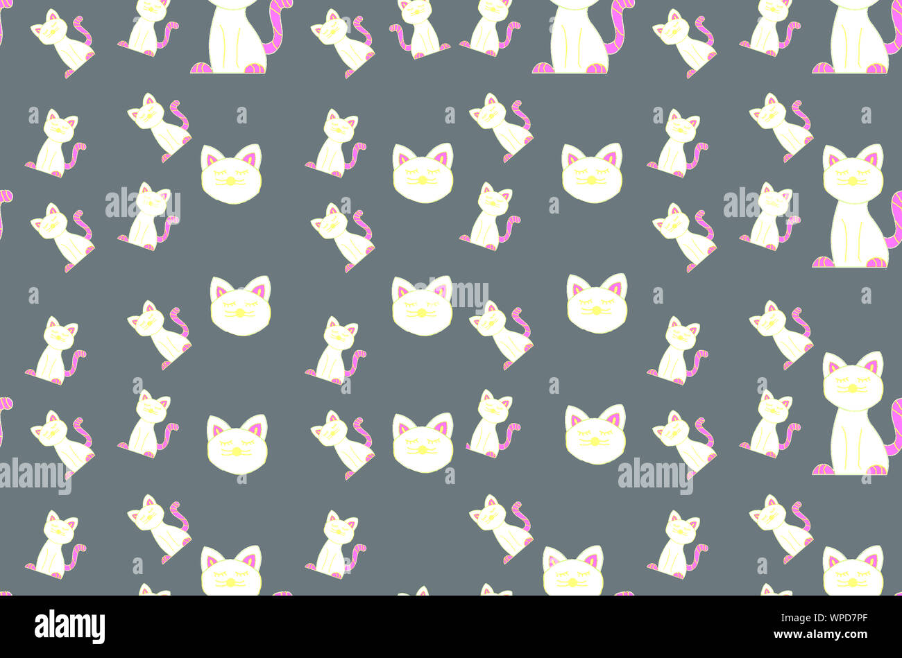 Seamless pattern with adorable and cute white cats on black background ...