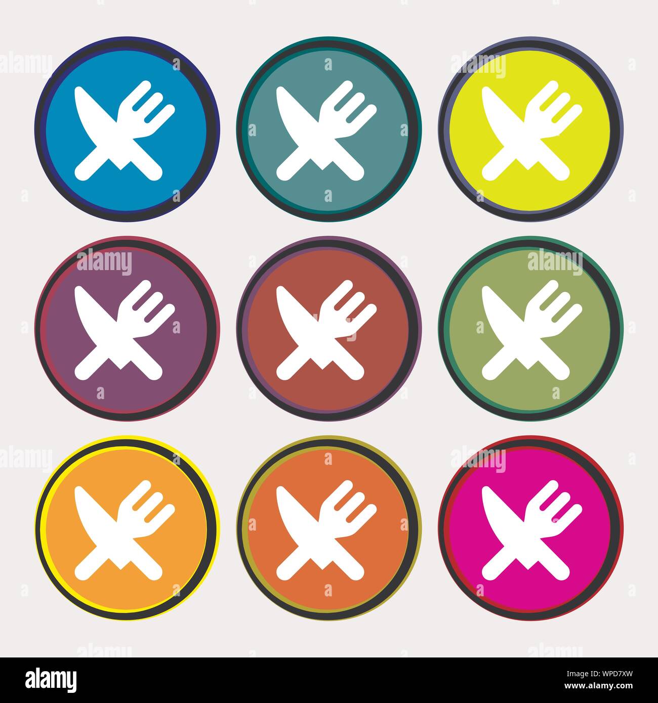 Eat, Cutlery icon sign. Nine multi-colored round buttons. Vector Stock Vector Image &amp; Art - Alamy