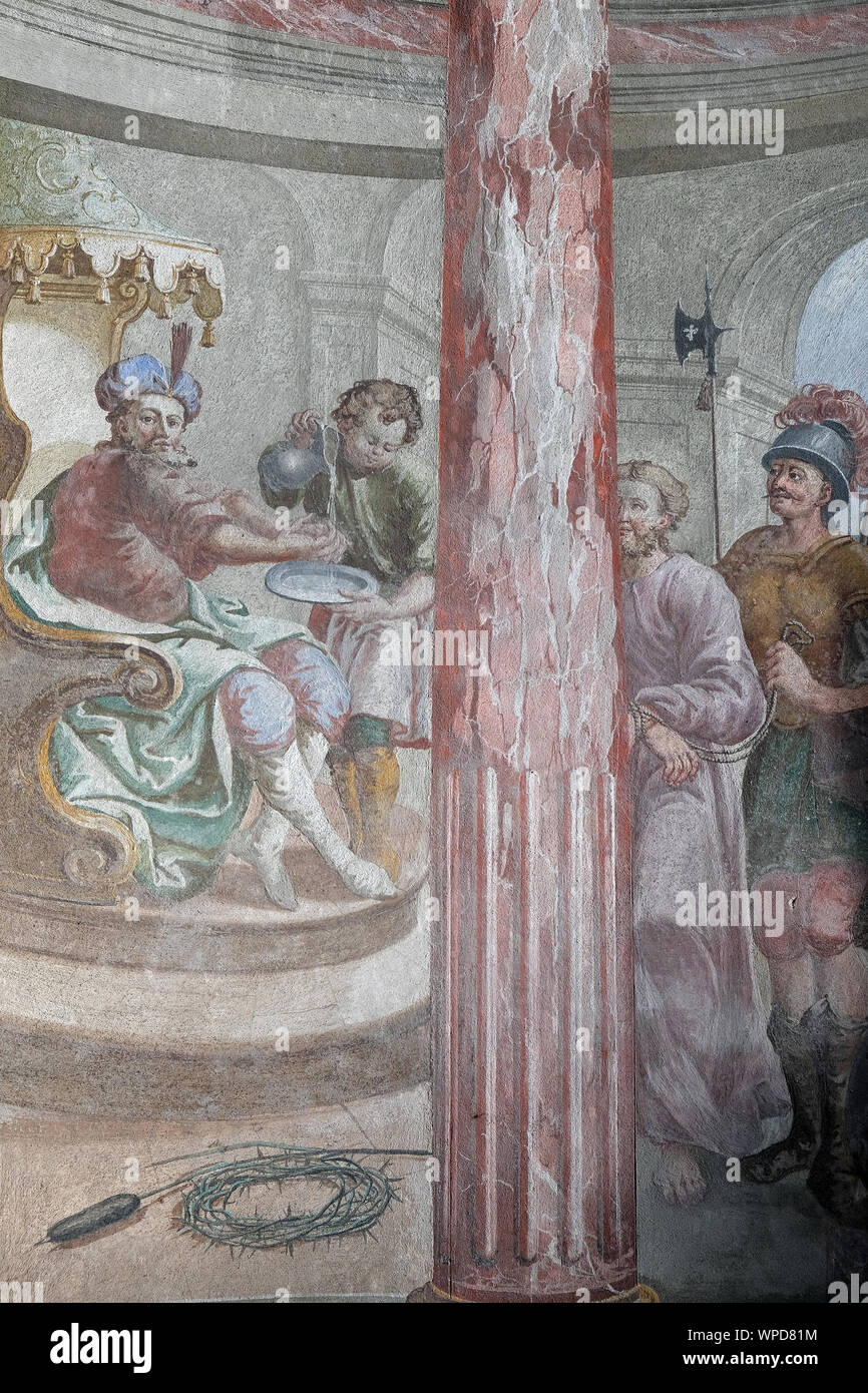 Jesus condemned to death, Pontius Pilate washed his hands, fresco on the ceiling of the Saint John the Baptist church in Zagreb, Croatia Stock Photo