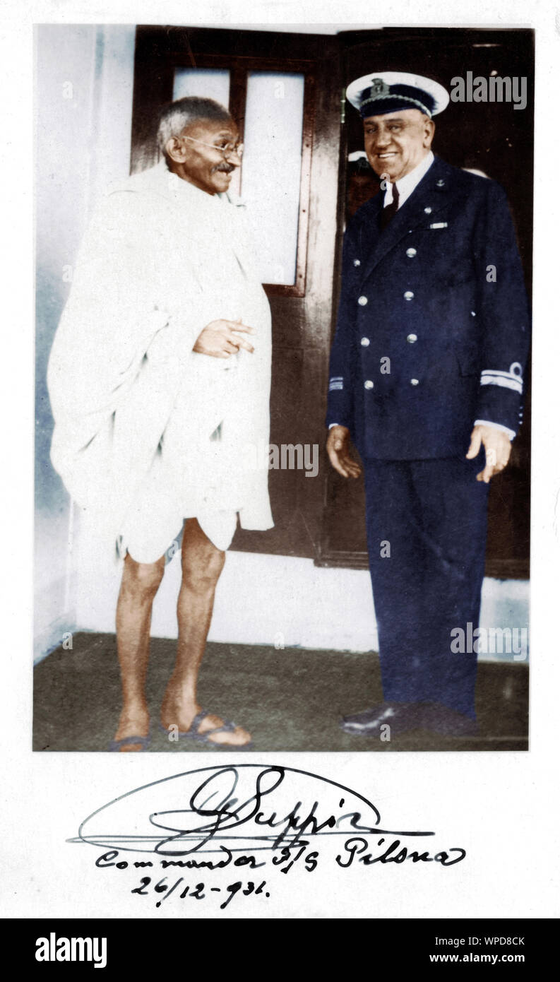 Mahatma Gandhi and commander of SS Pilsna, G Sippin on return journey to India, December 26, 1931 Stock Photo
