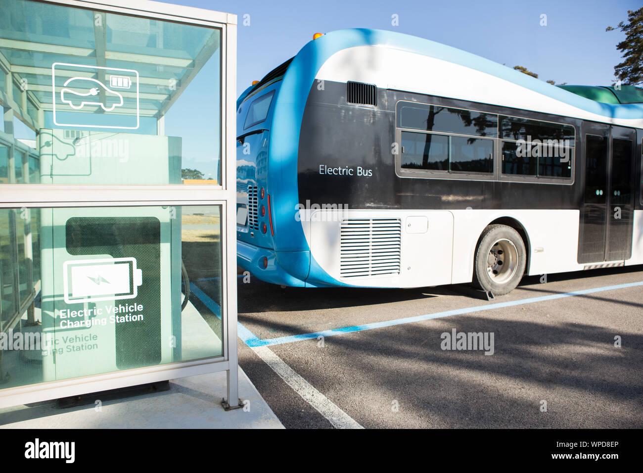 Electric bus stands at the charger Stock Photo